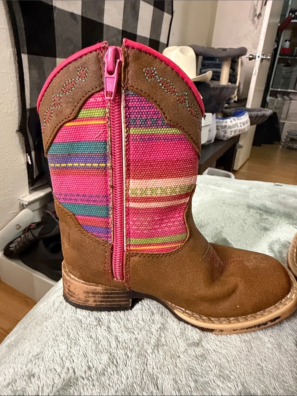 Twister Brown Suede Kids Western Boots with Pink Multi-Stripe Shaft
